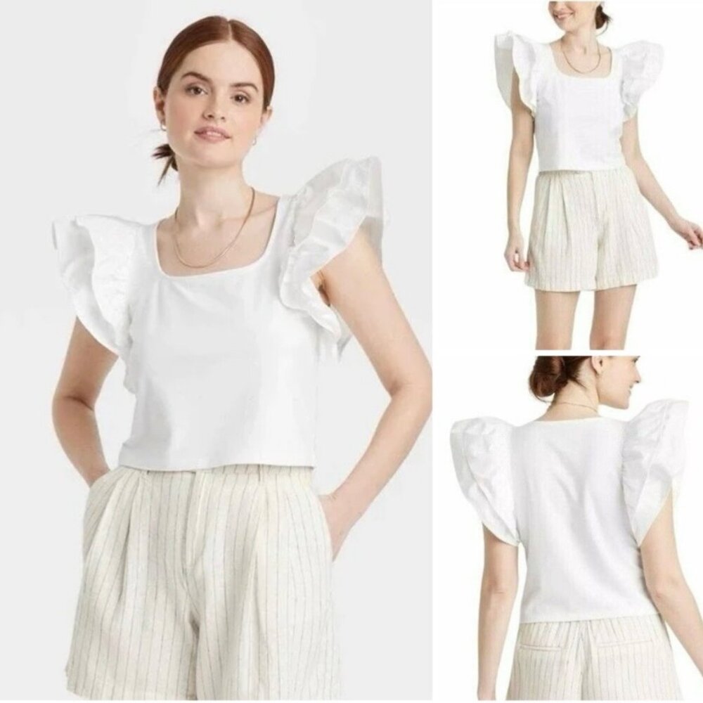 NEW a new day Double Flutter Sleeve Slim Fit Crop Blouse White Size XL